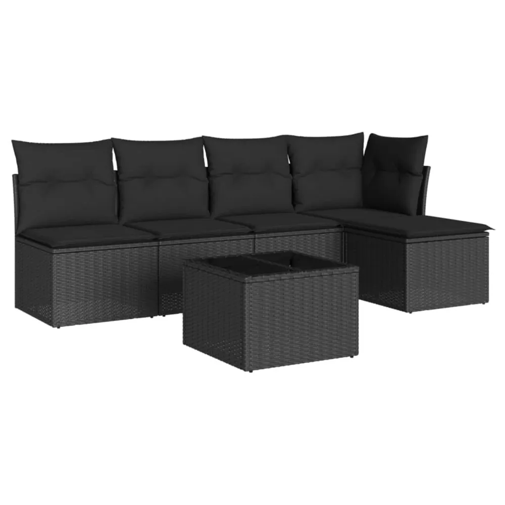 Salon de jardin 6 pcs avec coussins noir résine tressée