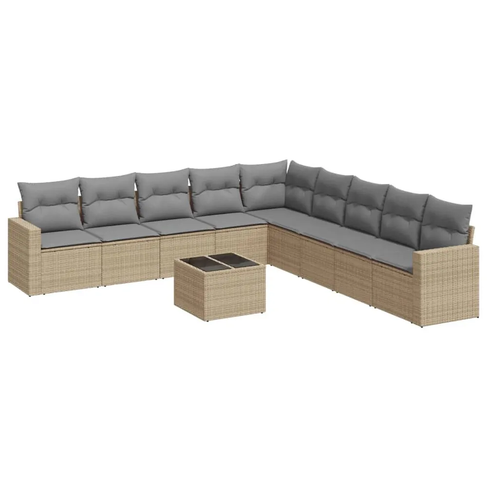 Salon de jardin avec coussins 10 pcs beige résine tressée