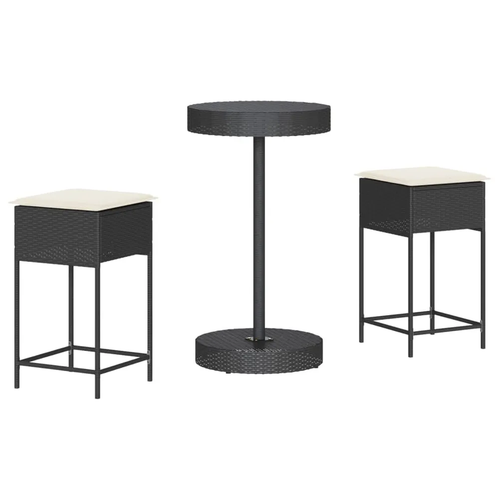 Ensemble de bar de jardin 3 pcs avec coussins noir poly rotin