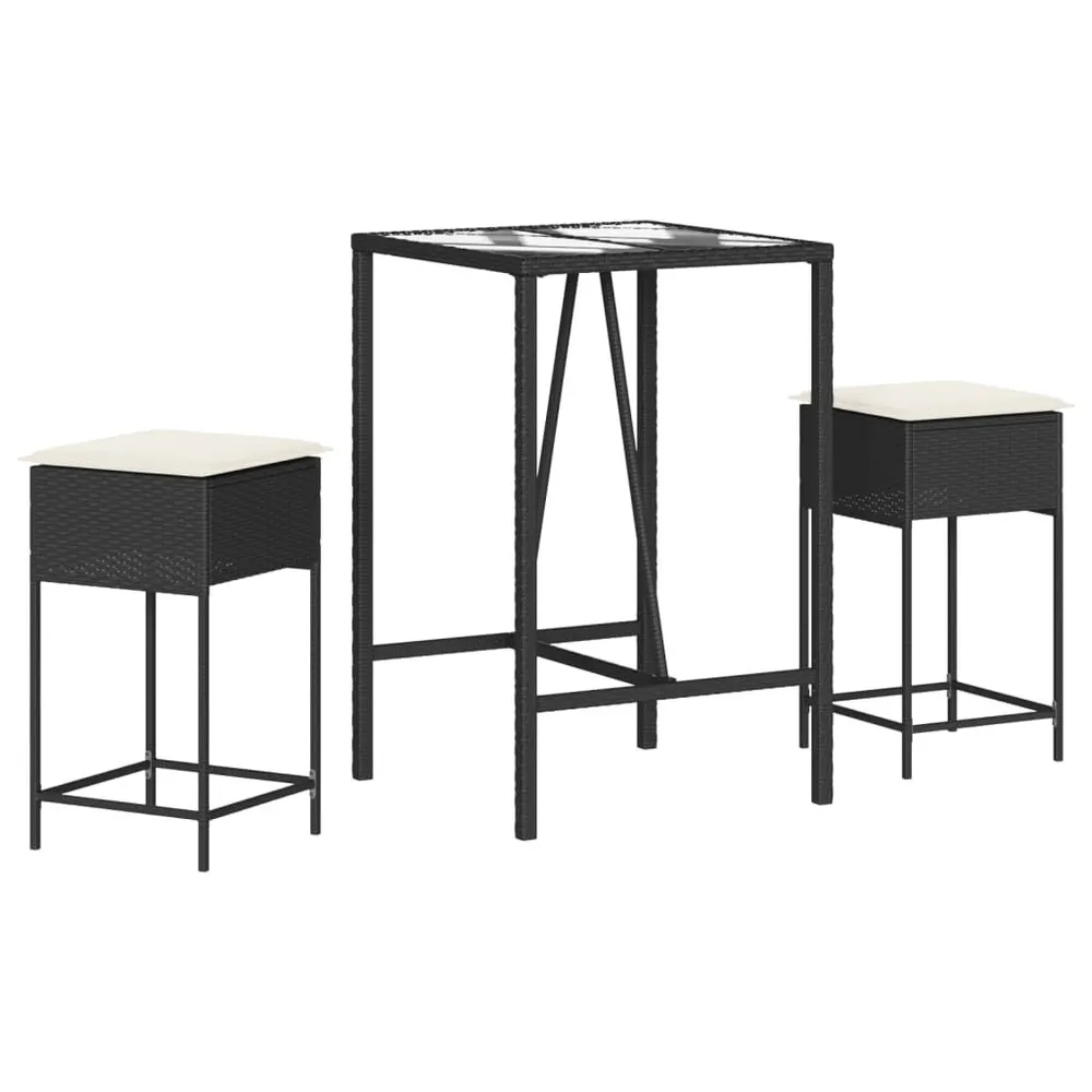 Ensemble de bar de jardin 3 pcs avec coussins noir poly rotin