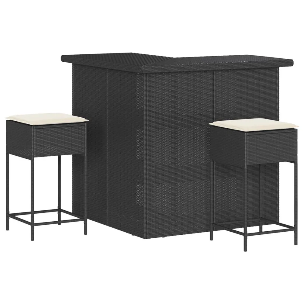 Ensemble de bar de jardin 3 pcs avec coussins noir poly rotin