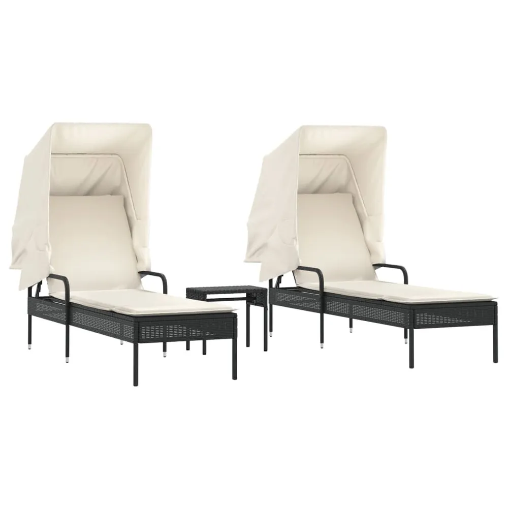 Chaises longues lot de 2 avec auvents et table noir poly rotin