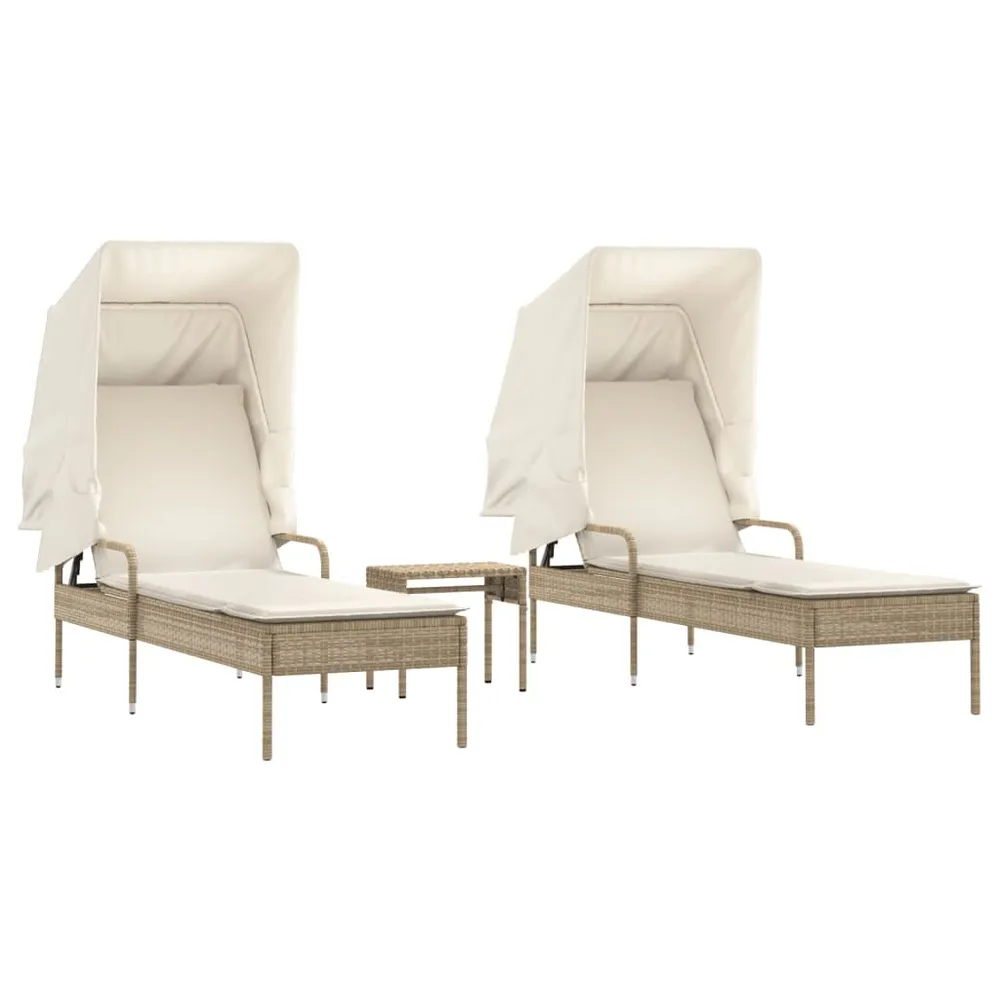 Chaises longues lot de 2 avec auvents et table beige poly rotin