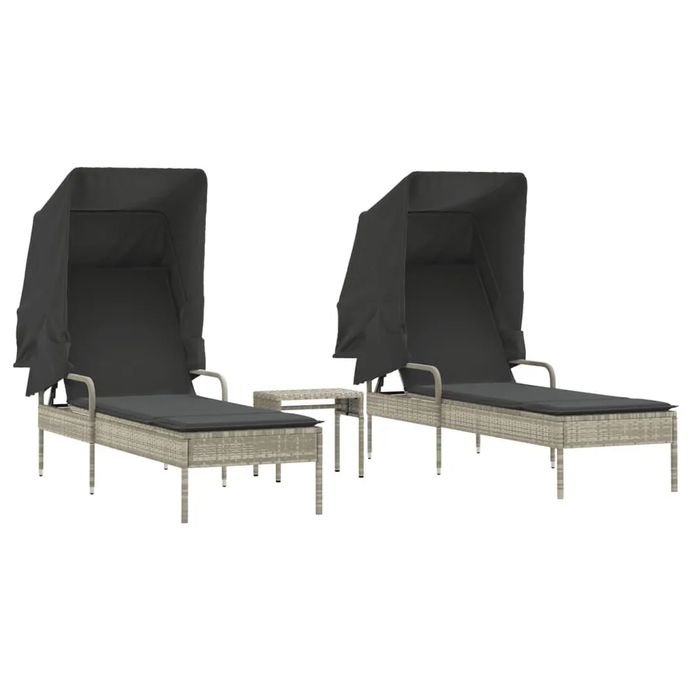 Chaises longues lot de 2 avec auvents et table gris évident rotin