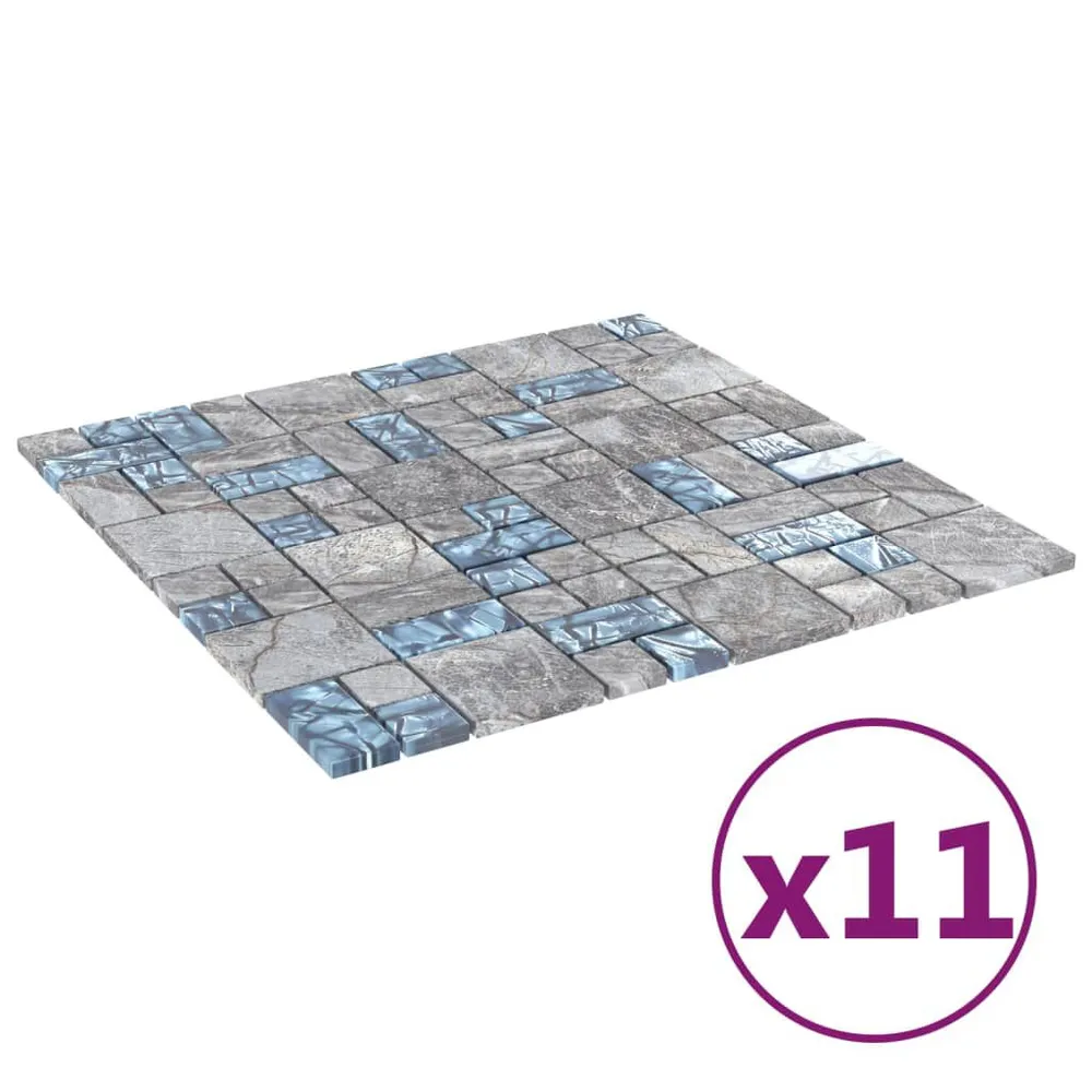 Carreaux mosaïque 11 pcs Gris et bleu 30x30 cm Verre