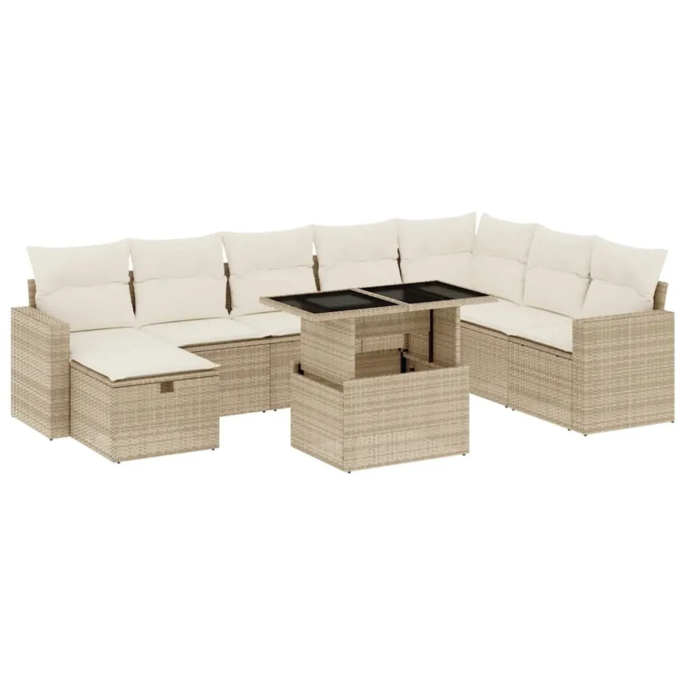 Salon de jardin avec coussins 9 pcs beige résine tressée