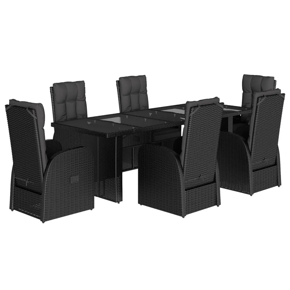 Ensemble à manger de jardin coussins 7 pcs noir résine tressée