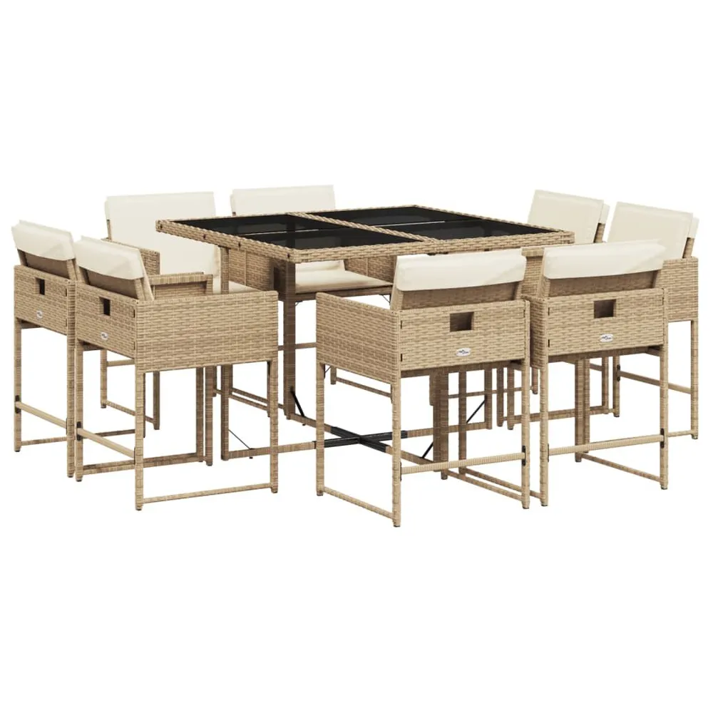 Ensemble à manger de jardin et coussins 9 pcs beige Poly rotin