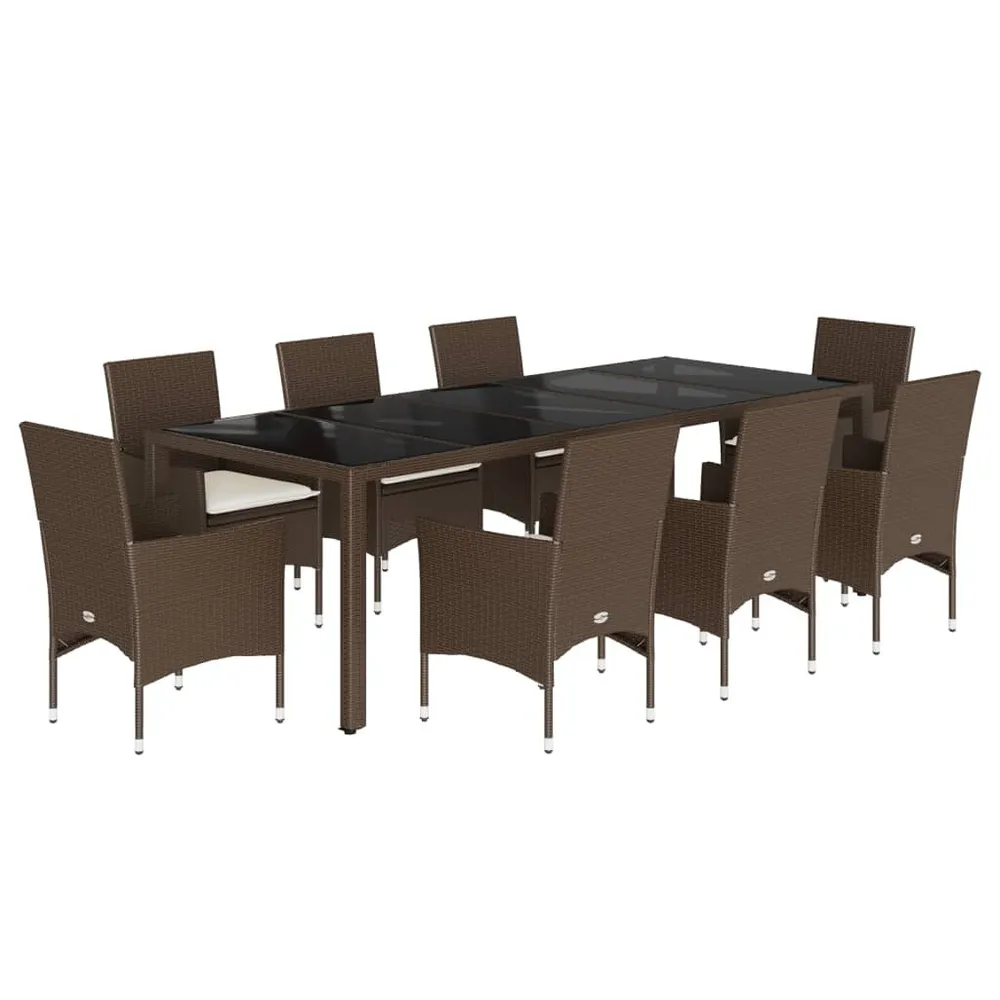 Ensemble à manger de jardin et coussins 9pcs marron rotin verre