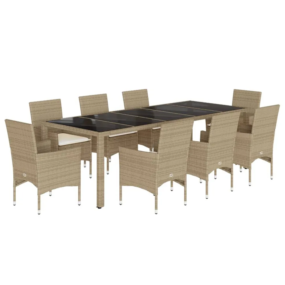 Ensemble à manger de jardin et coussins 9 pcs beige rotin verre