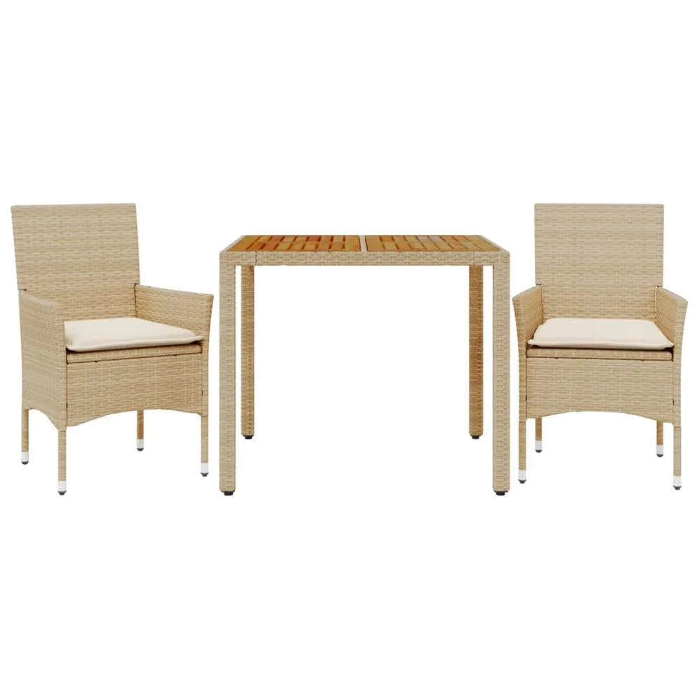 Ensemble à manger de jardin et coussins 3pcs beige rotin acacia