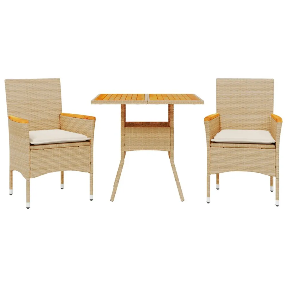 Ensemble à manger de jardin et coussins 3pcs beige rotin acacia