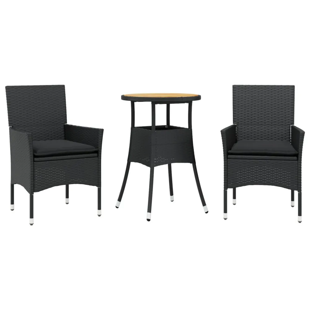 Ensemble à manger de jardin et coussins 3 pcs noir rotin acacia