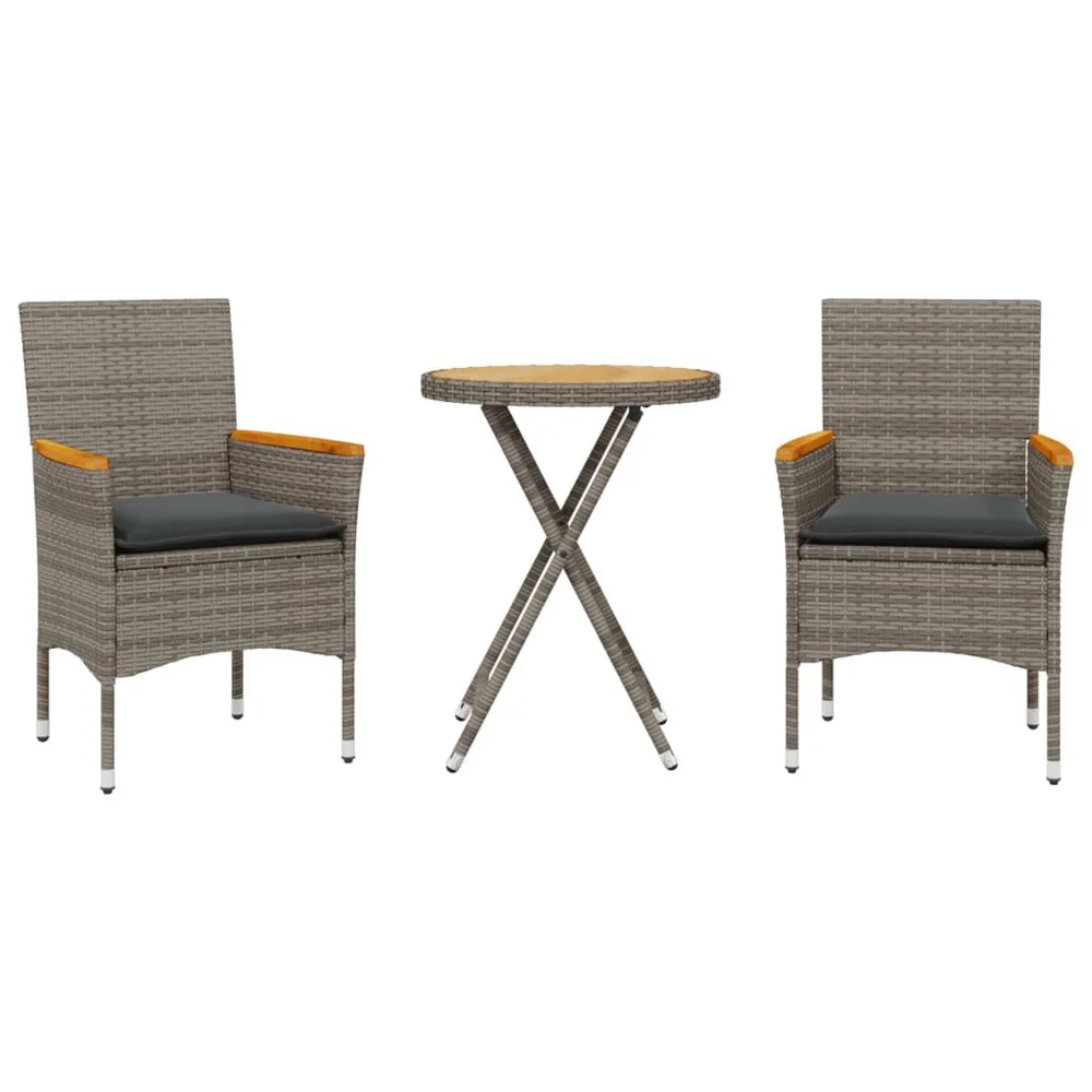 Ensemble de bistro avec coussins 3 pcs gris rotin et acacia