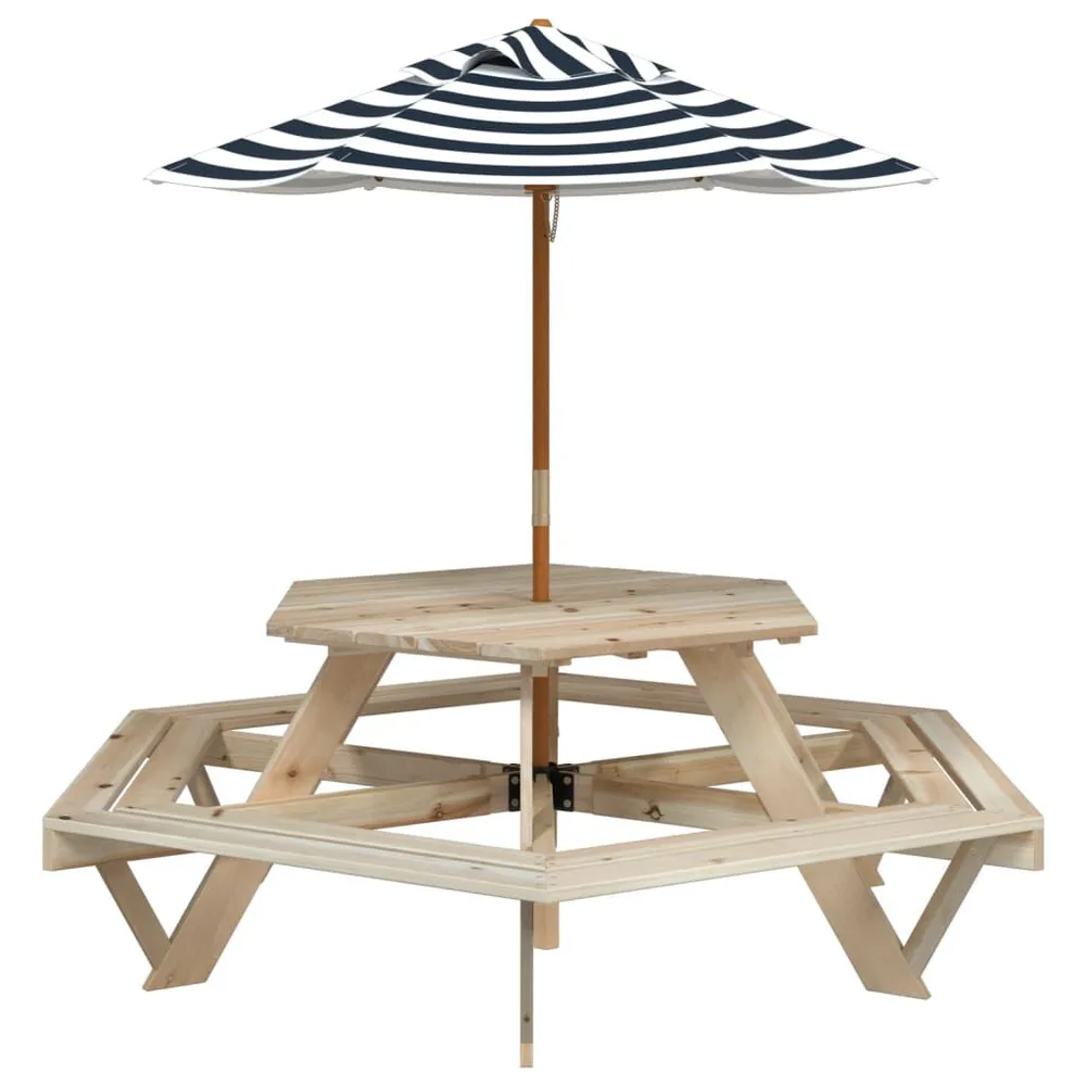 Table de pique-nique pour 6 enfants avec parasol hexagone sapin