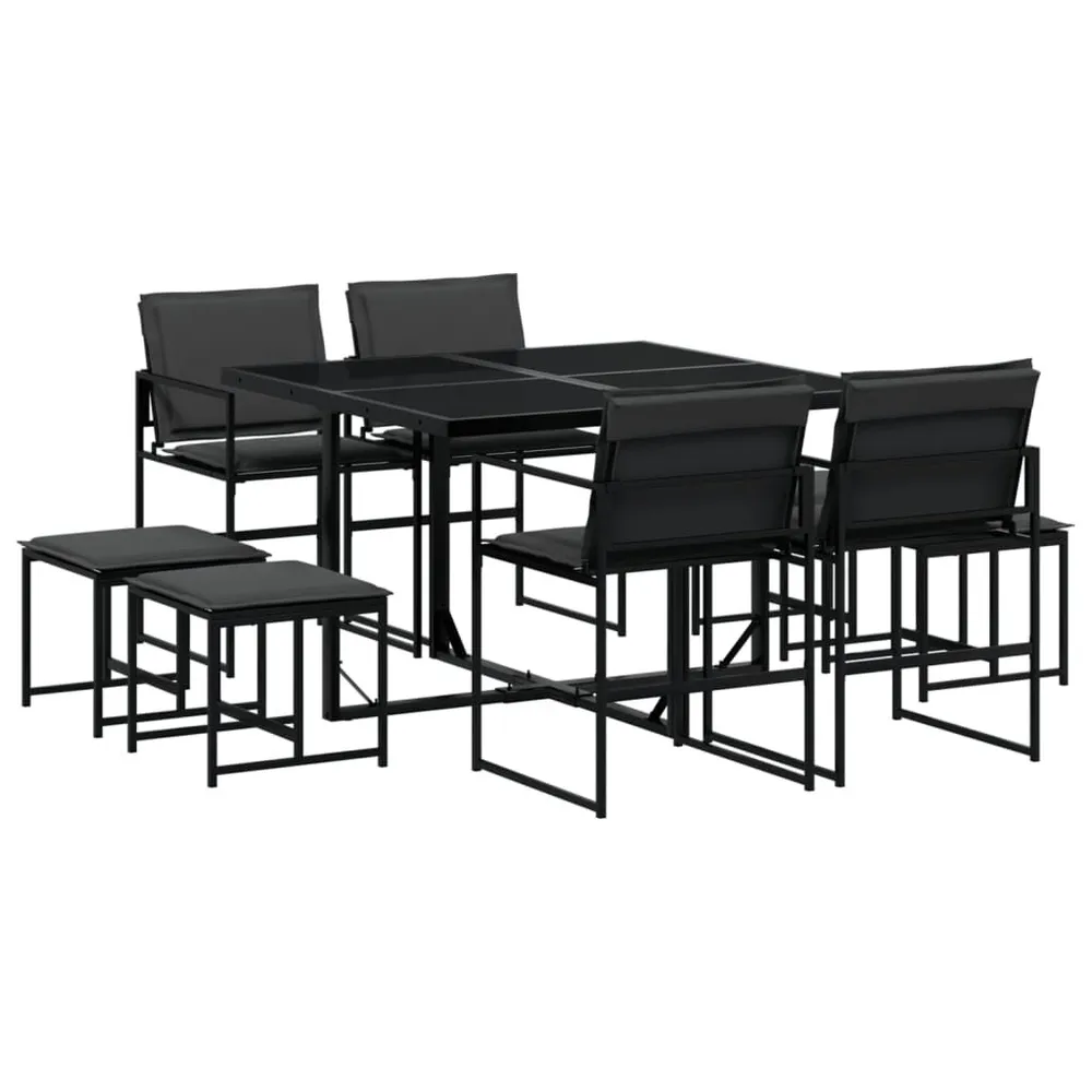 Ensemble à manger de jardin avec coussins 9 pcs noir textilène