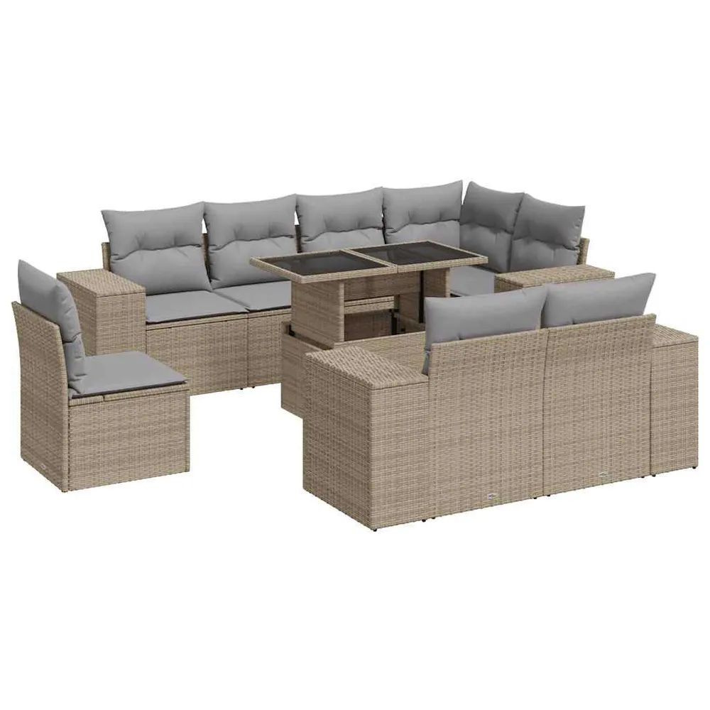 Salon de jardin avec coussins 9 pcs beige résine tressée