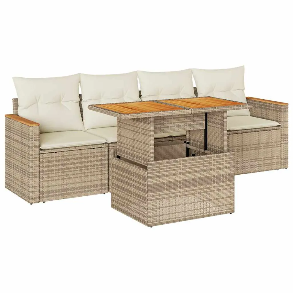 Salon de jardin avec coussins 5 pcs beige résine tressée acacia