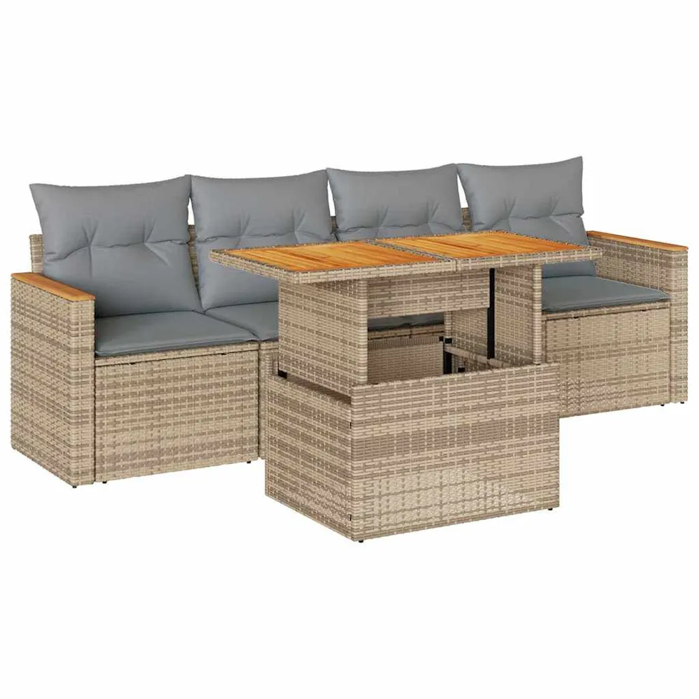 Salon de jardin avec coussins 5 pcs beige résine tressée acacia