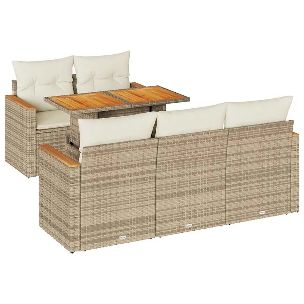 Salon de jardin 6 pcs avec coussins beige résine tressée acacia