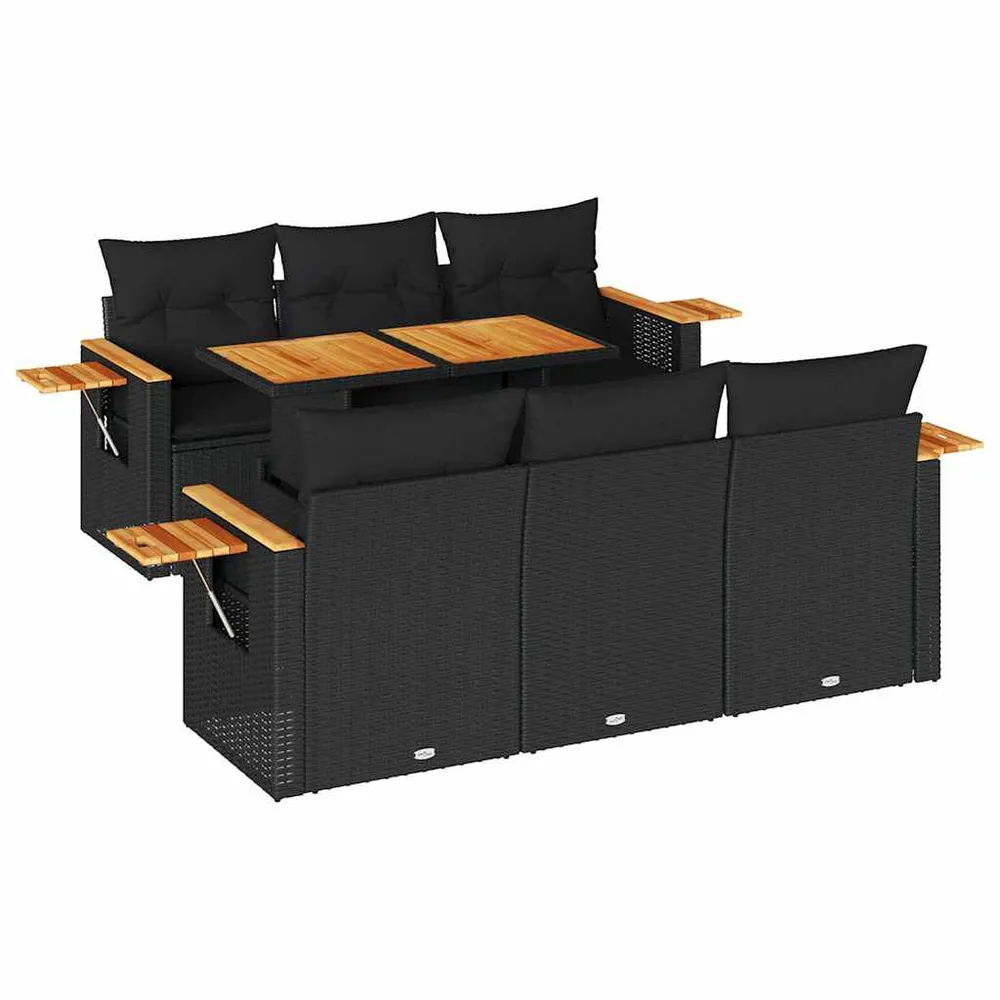 Salon de jardin avec coussins 7 pcs noir résine tressée acacia