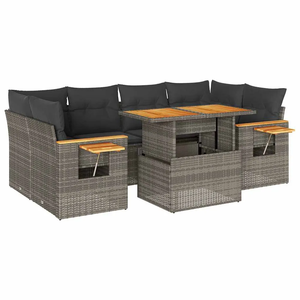 Salon de jardin avec coussins 7 pcs gris résine tressée acacia