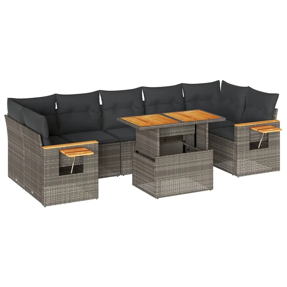 Salon de jardin avec coussins 8 pcs gris résine tressée acacia