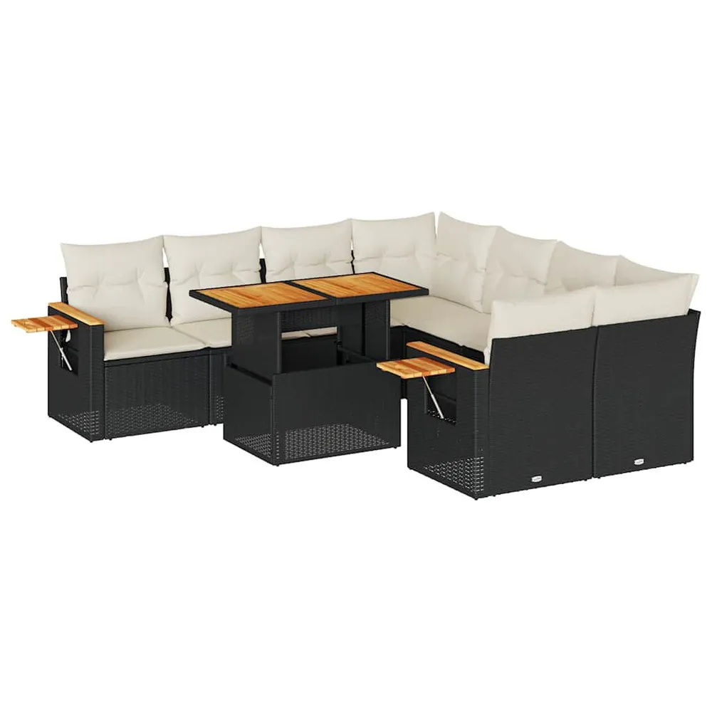 Salon de jardin avec coussins 9 pcs noir résine tressée acacia