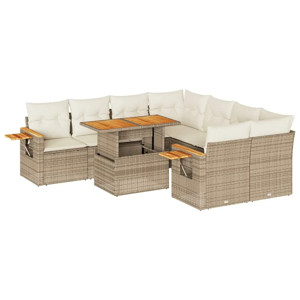 Salon de jardin avec coussins 9 pcs beige résine tressée acacia