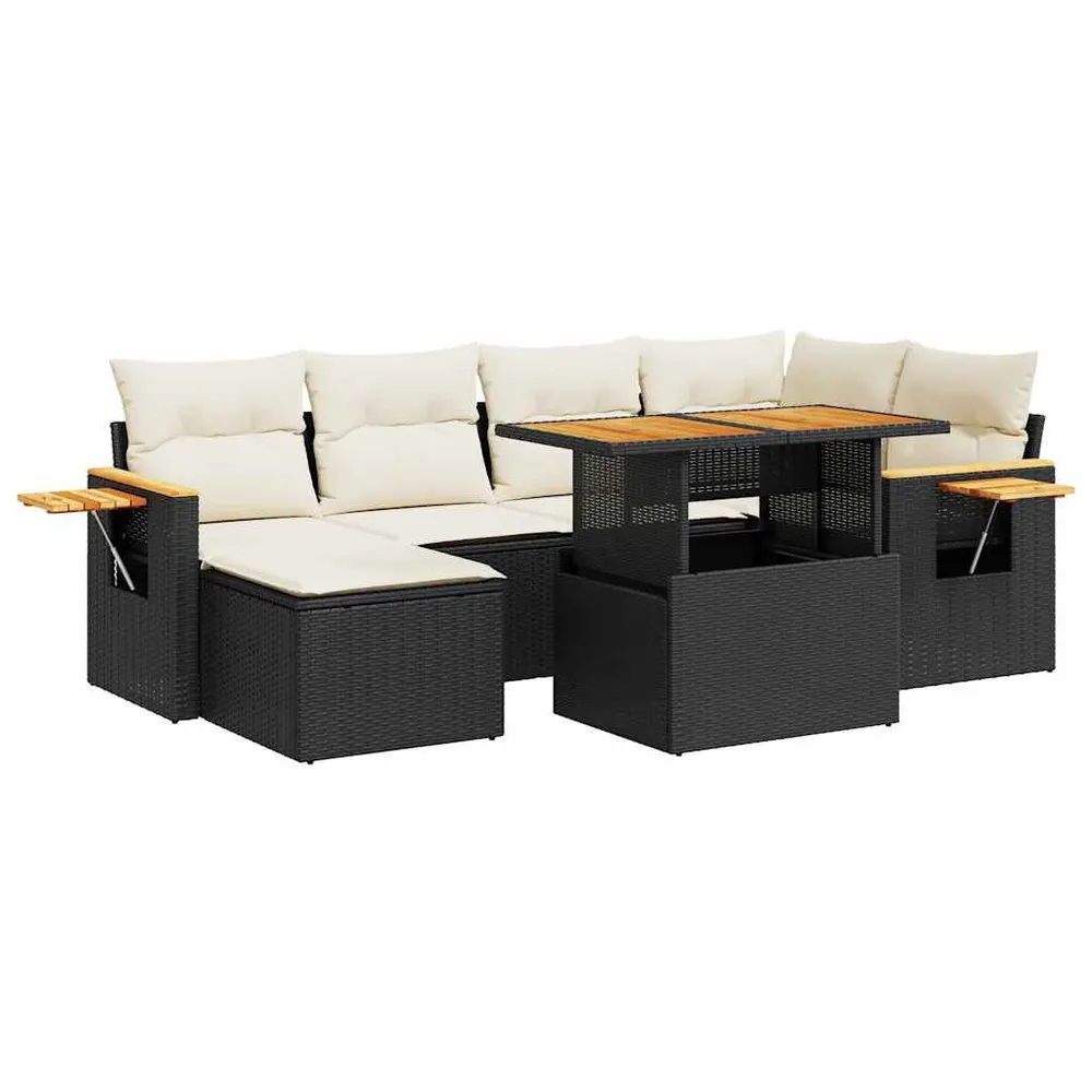 Salon de jardin avec coussins 7 pcs noir résine tressée acacia