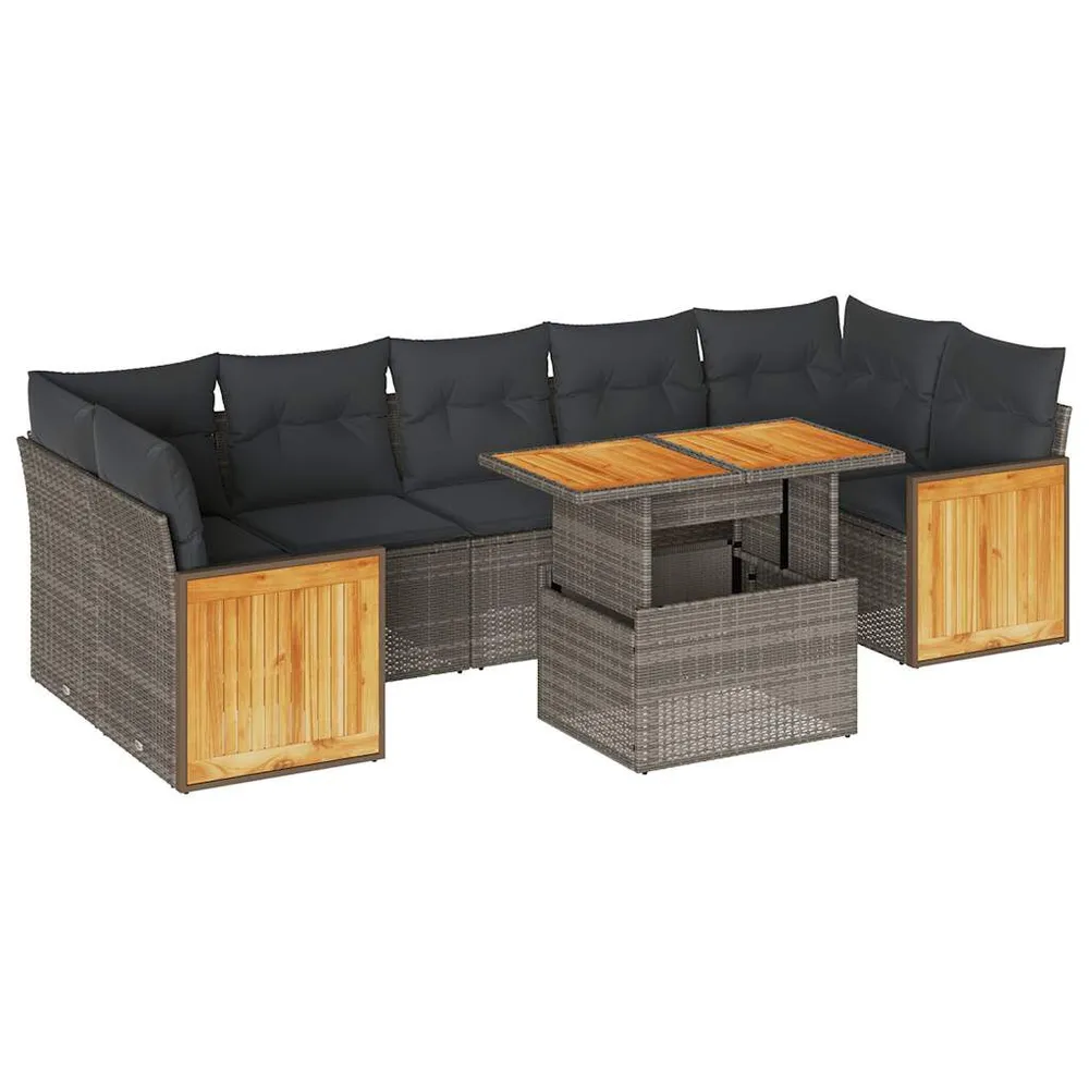 Salon de jardin avec coussins 8 pcs gris résine tressée acacia