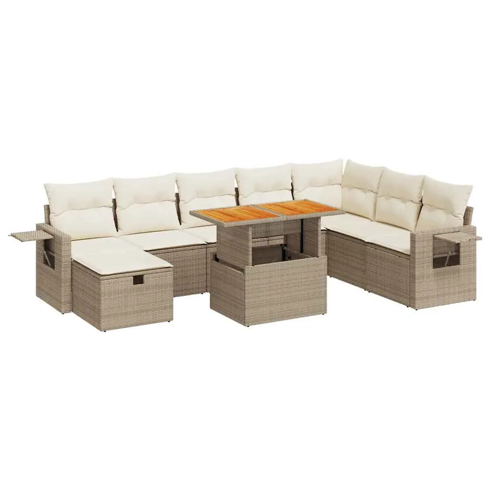 Salon de jardin avec coussins 9 pcs beige résine tressée acacia