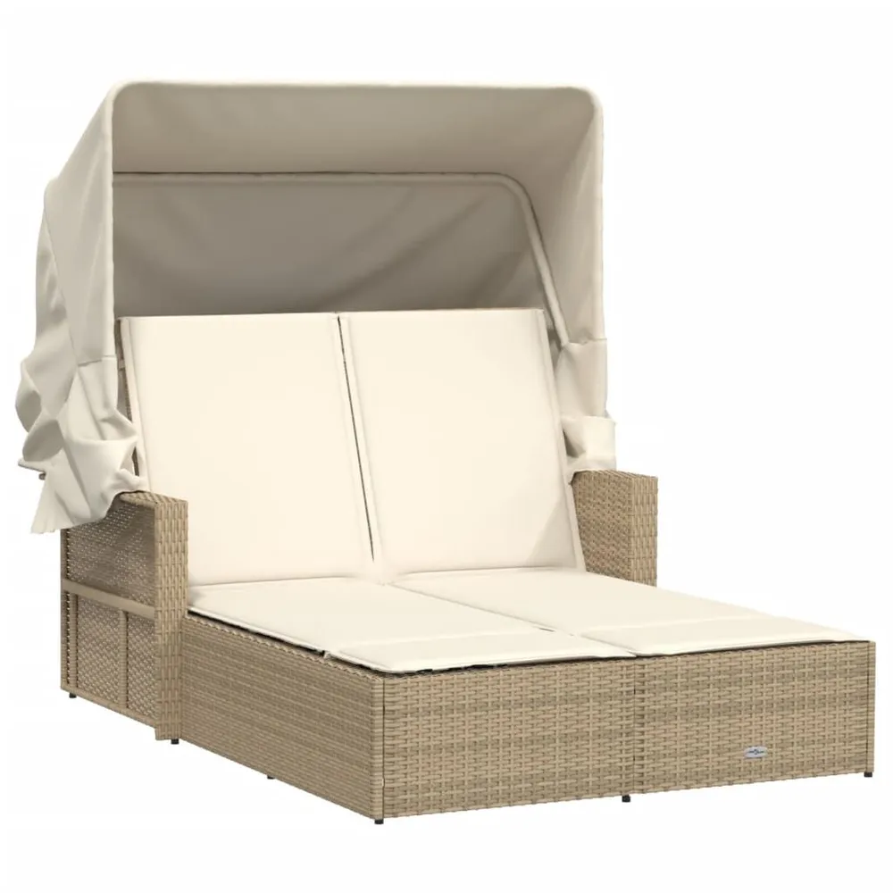 Chaise longue double avec auvent et coussins beige poly rotin