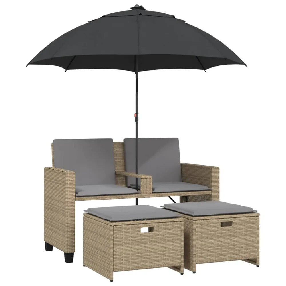 Canapé de jardin 2 places avec parasol et tabourets beige rotin