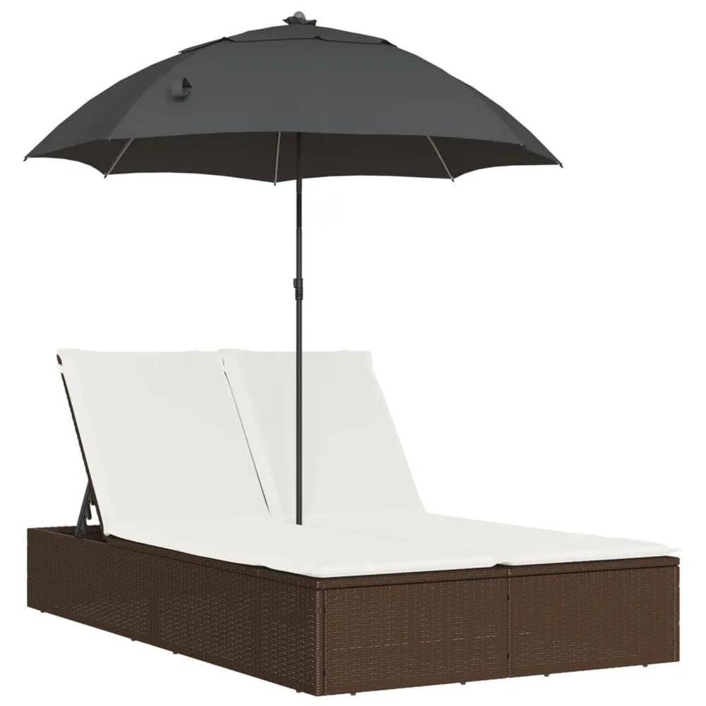 Chaise longue double avec coussins et parasol marron poly rotin