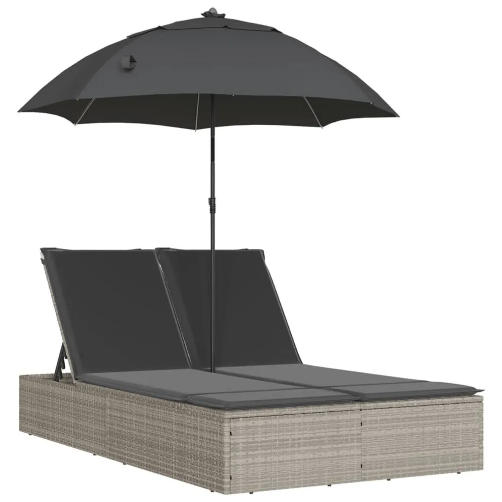 Chaise longue double avec coussins et parasol gris évident rotin