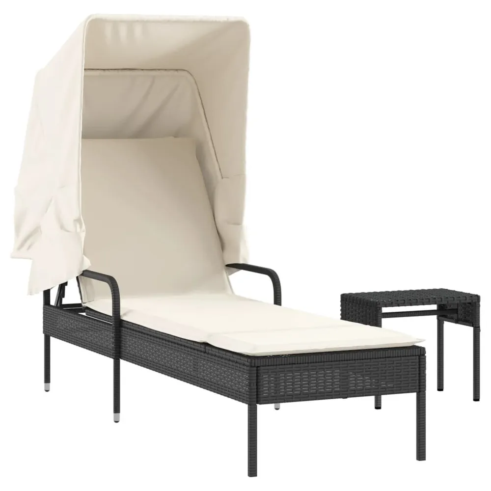 Chaise longue avec auvent et table noir résine tressée