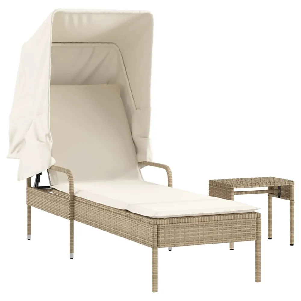 Chaise longue avec auvent et table beige résine tressée