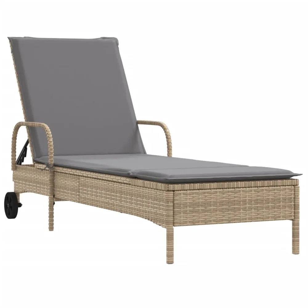 Chaise longue avec roues et coussin beige résine tressée