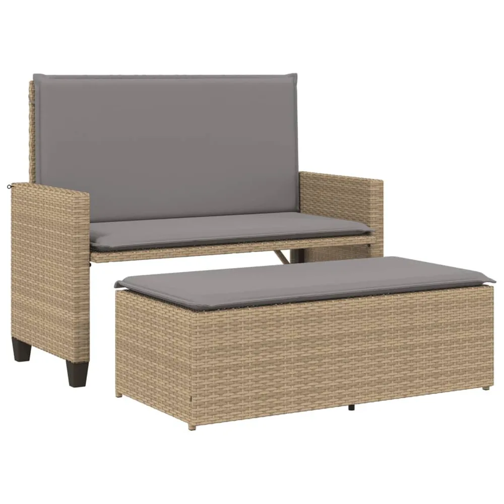 Banc de jardin et coussins et repose-pied beige résine tressée