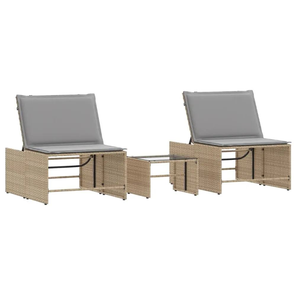 Chaises longues lot de 2 avec table beige résine tressée