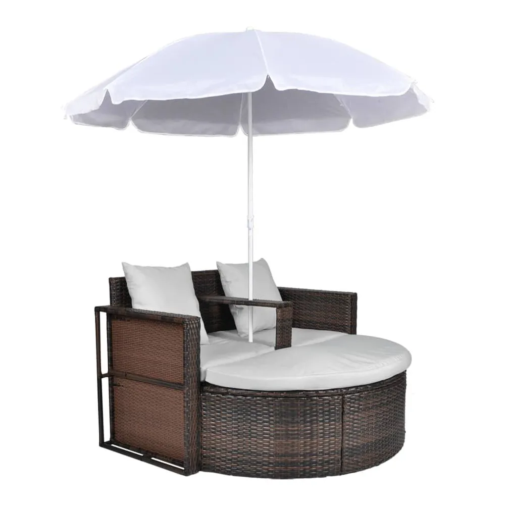 Lit de jardin avec parasol Marron Résine tressée