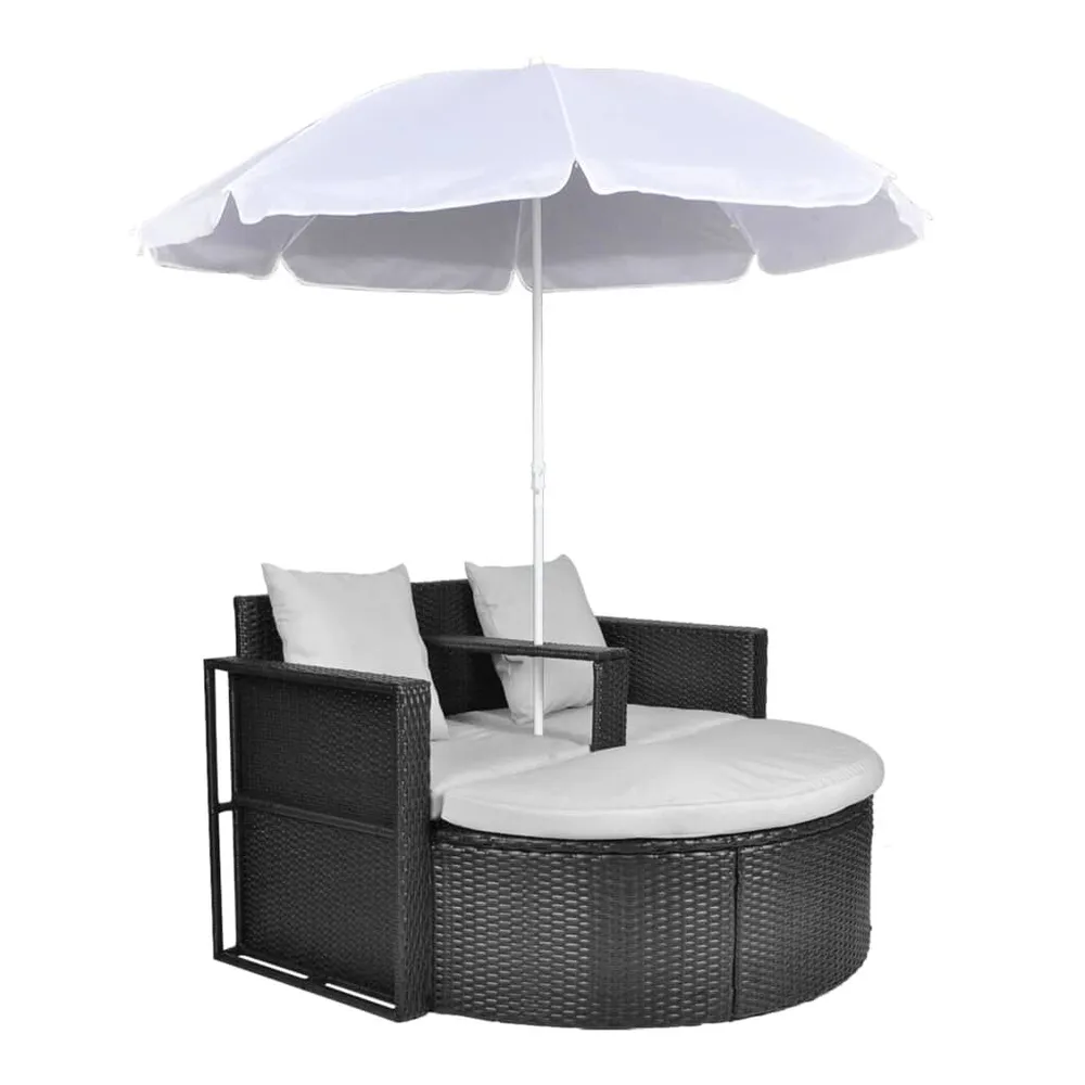 Lit de jardin avec parasol Noir Résine tressée