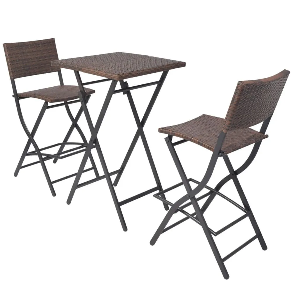 Ensemble de bistro pliable 3 pcs Acier Résine tressée Marron