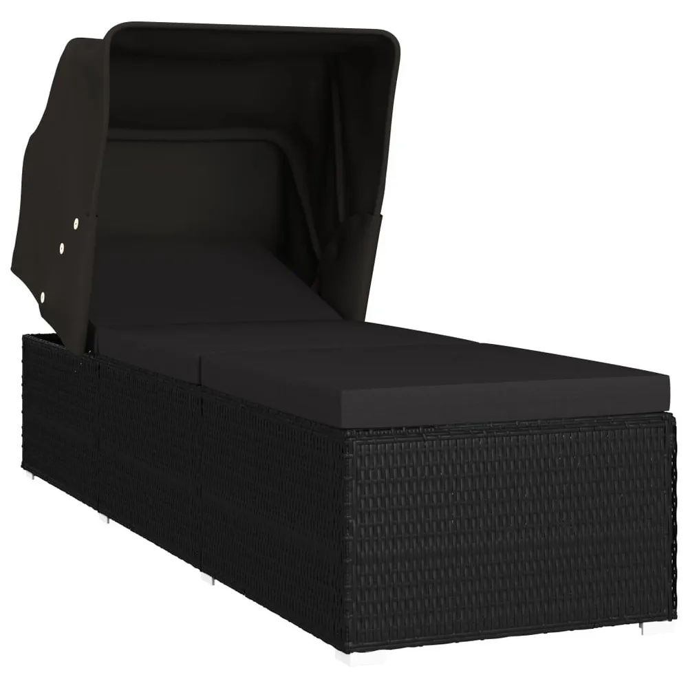 Chaise longue avec auvent et coussin Résine tressée Noir