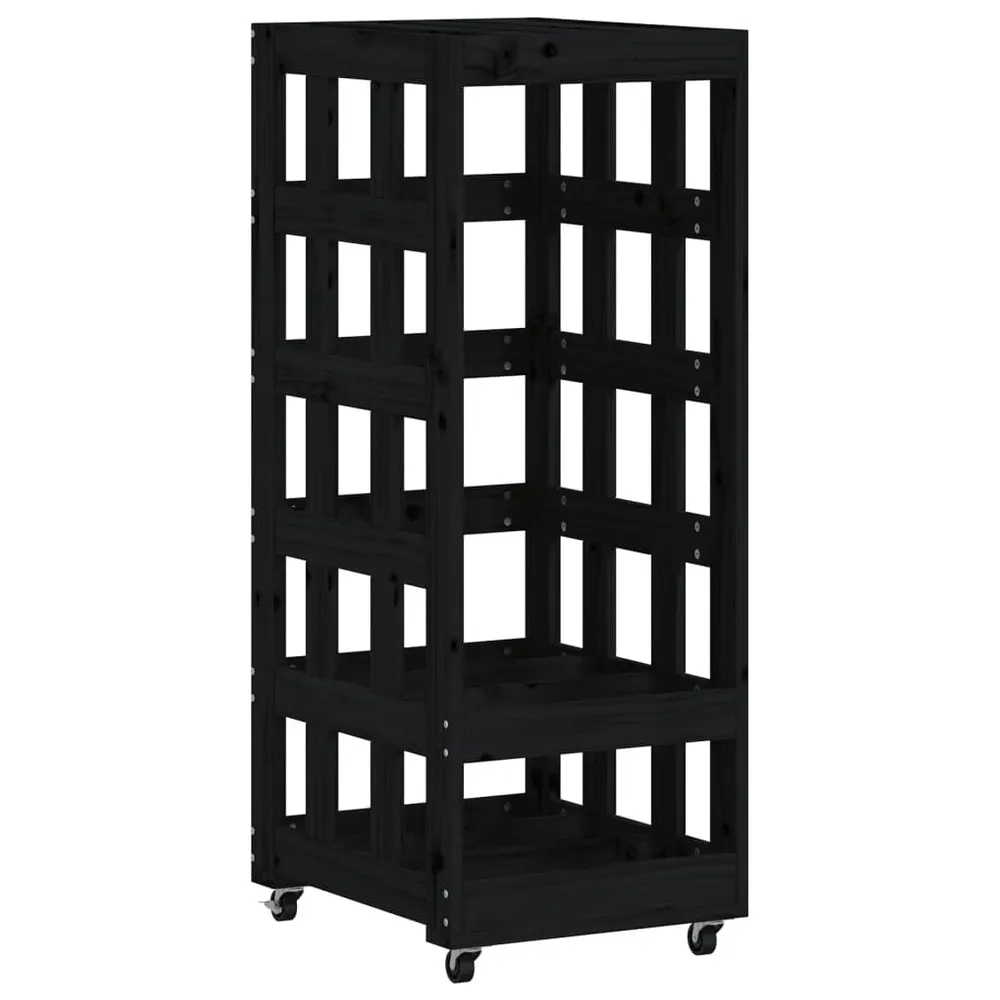 Porte-bûches avec roulettes noir 40x49x110 cm bois massif pin