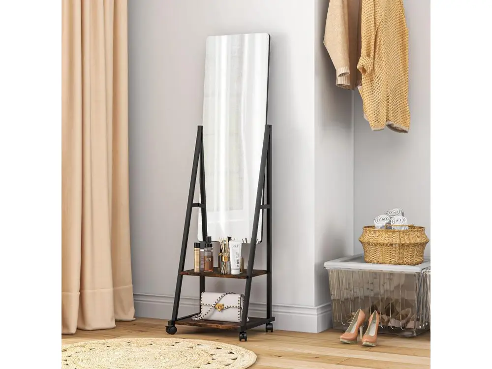 Miroir sur pied rectangulaire avec roulettes angle réglable 2 étagères dim. 42L x 37l x 155H cm verre bois rustique noir