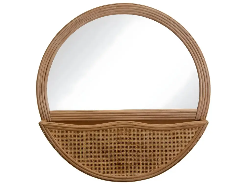 Grand miroir rond avec rangement en rotin