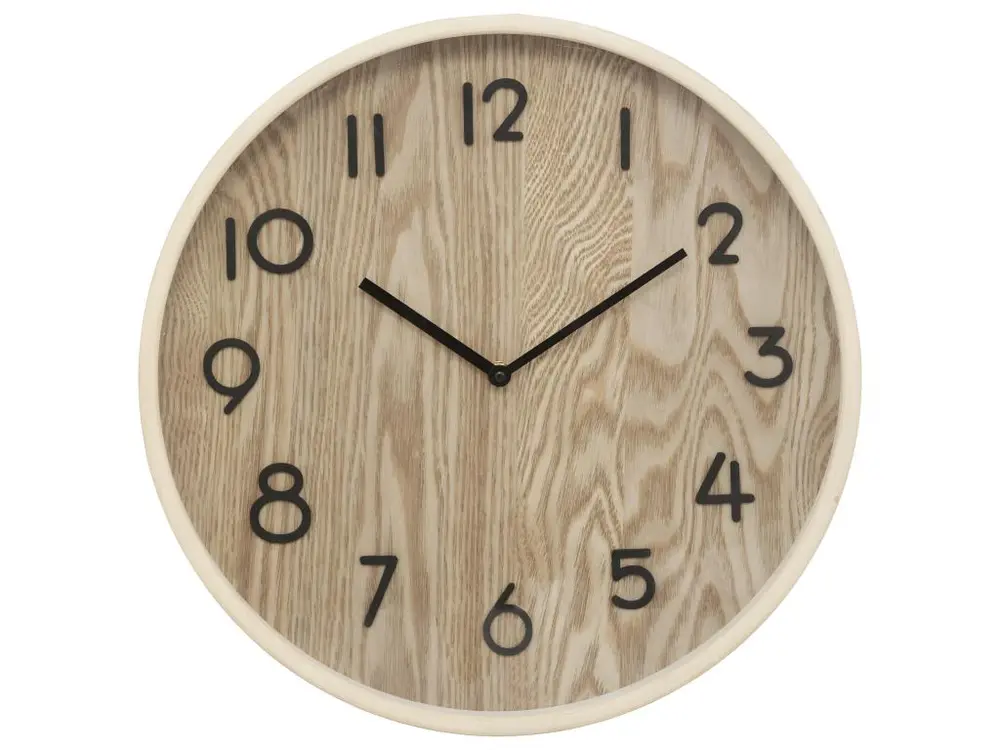 Pendule murale en bois beige naturel et verre D 38 cm