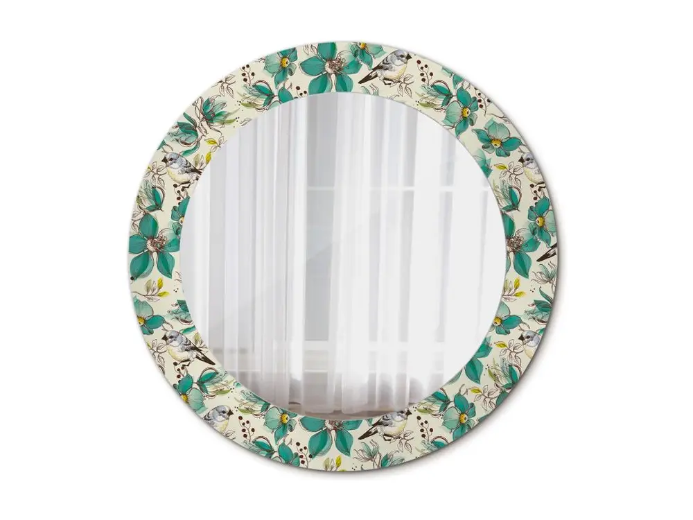 Miroir rond décoratif - Fleurs et oiseaux - 60 cm